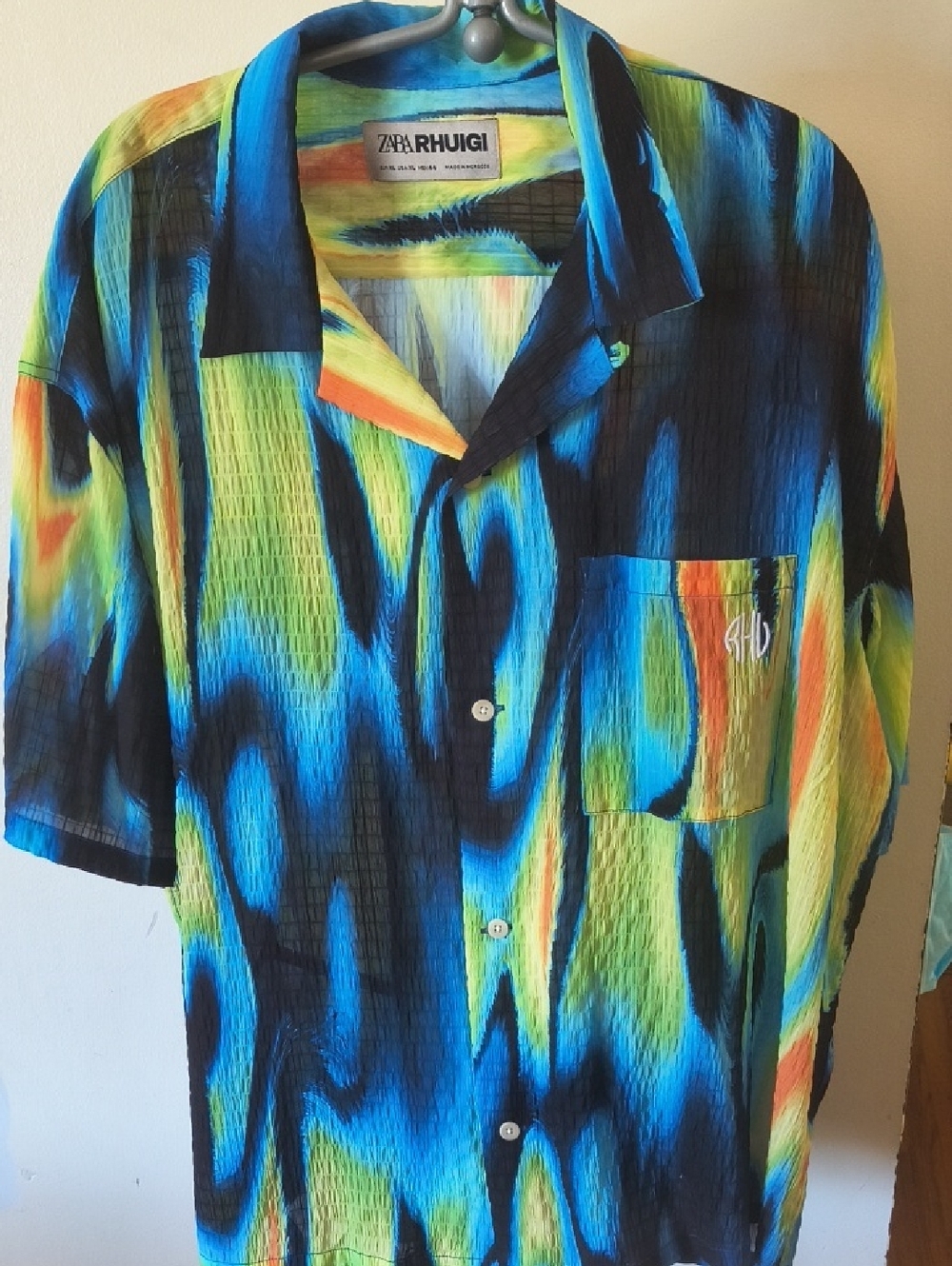 Men’s Blue & Green Short Sleeve Button-Down Shirt